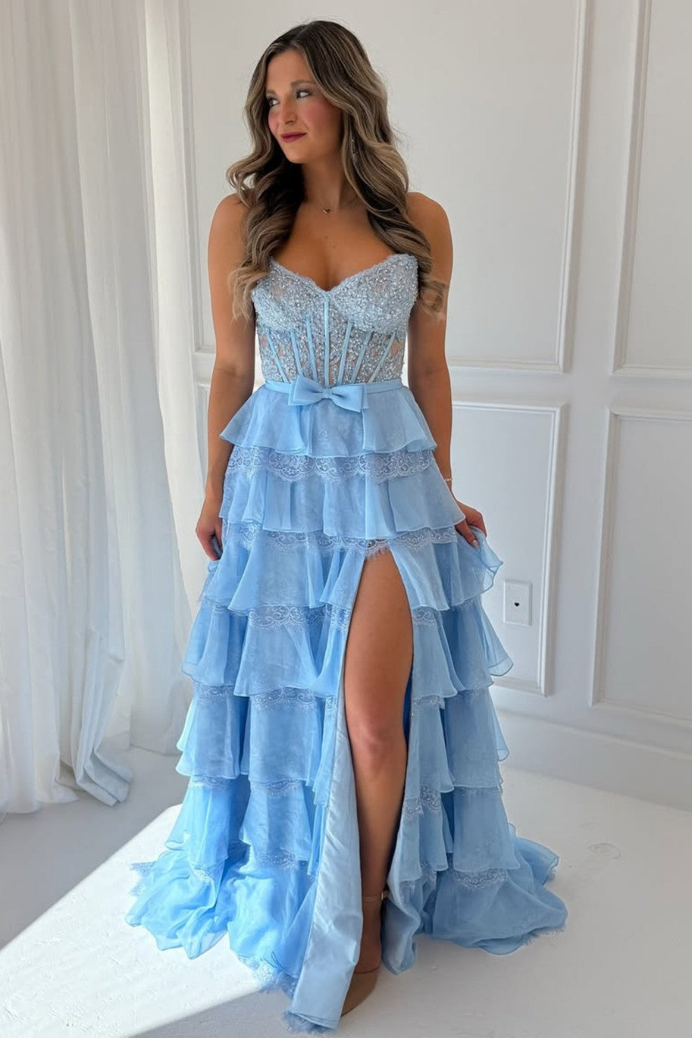 Furlla Women Blush Pink A-Line Lace Corset Prom Dress with Tiered Ruffle Skirt & Slit Furlla Official Furlla Women Blush Pink A-Line Lace Corset Prom Dress with Tiered Ruffle Skirt & Slit Furlla Official
