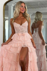 Blush Pink A-Line Lace Corset Prom Dress with Tiered Ruffle Skirt & Slit