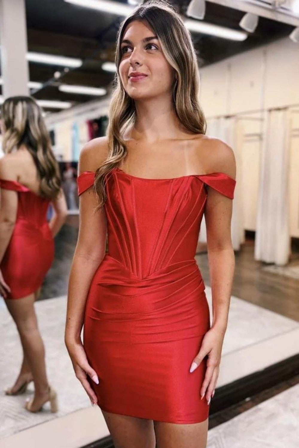 Furlla Woman Off-the-Shoulder Satin Bodycon Homecoming Dress with Pleated Detail Furlla Official Furlla Woman Off-the-Shoulder Satin Bodycon Homecoming Dress with Pleated Detail Furlla Official