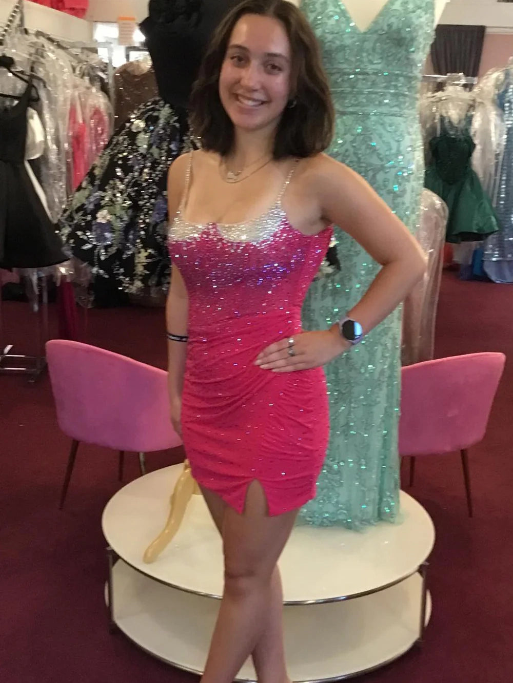 Royal Blue Bodycon Homecoming Dress with Spaghetti Straps Beaded Accents and Side Slit