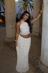 Boho White Two-Piece Halter Prom Dress with Ruffled Crop Top & Maxi Skirt