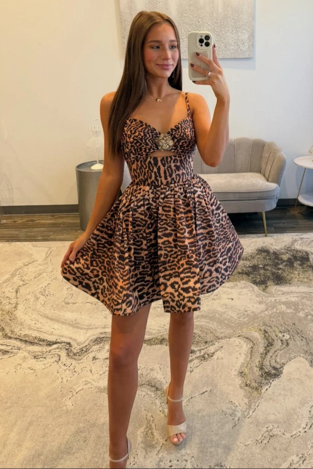 Bold Leopard Print Cutout Homecoming Dress with Jewel Bust Detail and Spaghetti Straps