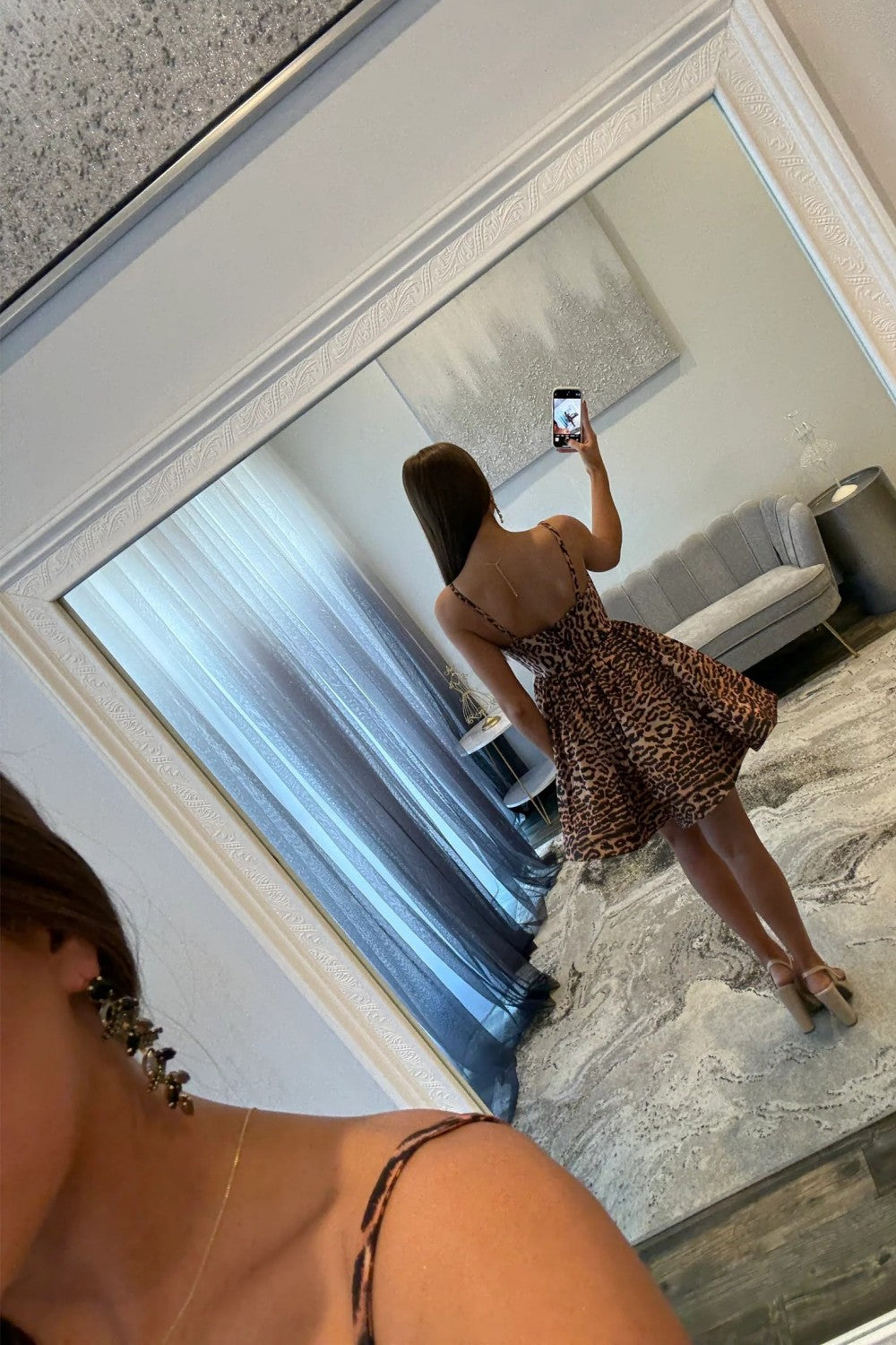 Bold Leopard Print Cutout Homecoming Dress with Jewel Bust Detail and Spaghetti Straps