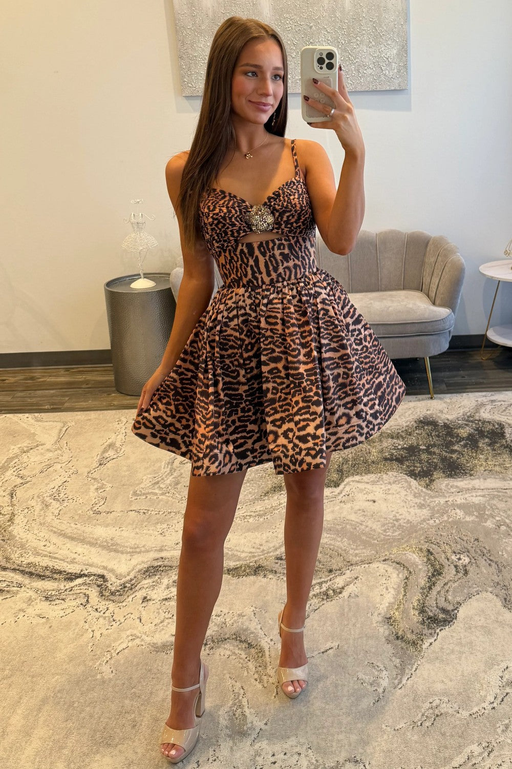 Bold Leopard Print Cutout Homecoming Dress with Jewel Bust Detail and Spaghetti Straps