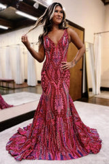 Bold Pink Glitter Mermaid V-Back Long Prom Dress with Patterned Sequins