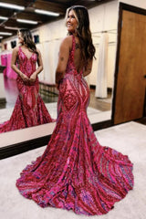Bold Pink Glitter Mermaid V-Back Long Prom Dress with Patterned Sequins