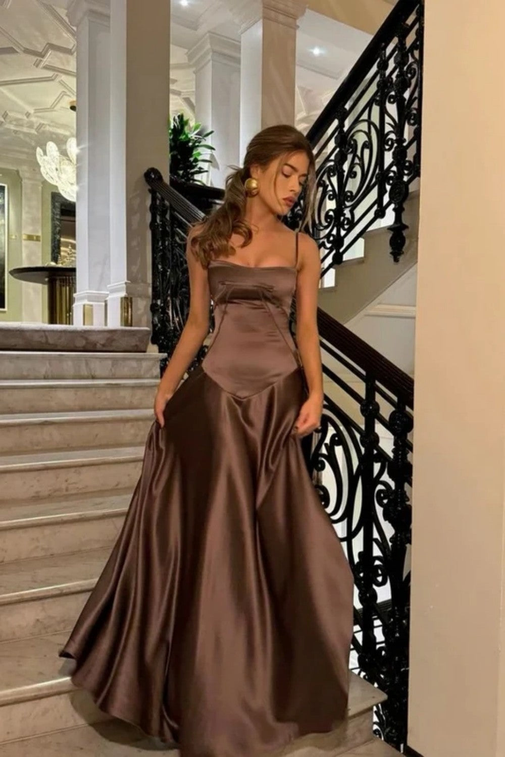 Brown Luxe Silk-Look Long Evening Dress with Fitted Bodice