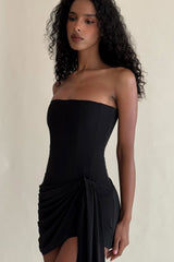 Brown Strapless Corset Homecoming Dress with Ruched Draped Skirt and Side Train