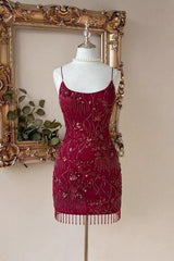 Burgundy Beaded Homecoming Dress with Spaghetti Straps and Fringe Hem