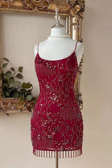 Burgundy Beaded Homecoming Dress with Spaghetti Straps and Fringe Hem
