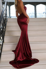 Burgundy Satin Spaghetti Strap Mermaid Prom Dress with Open Back