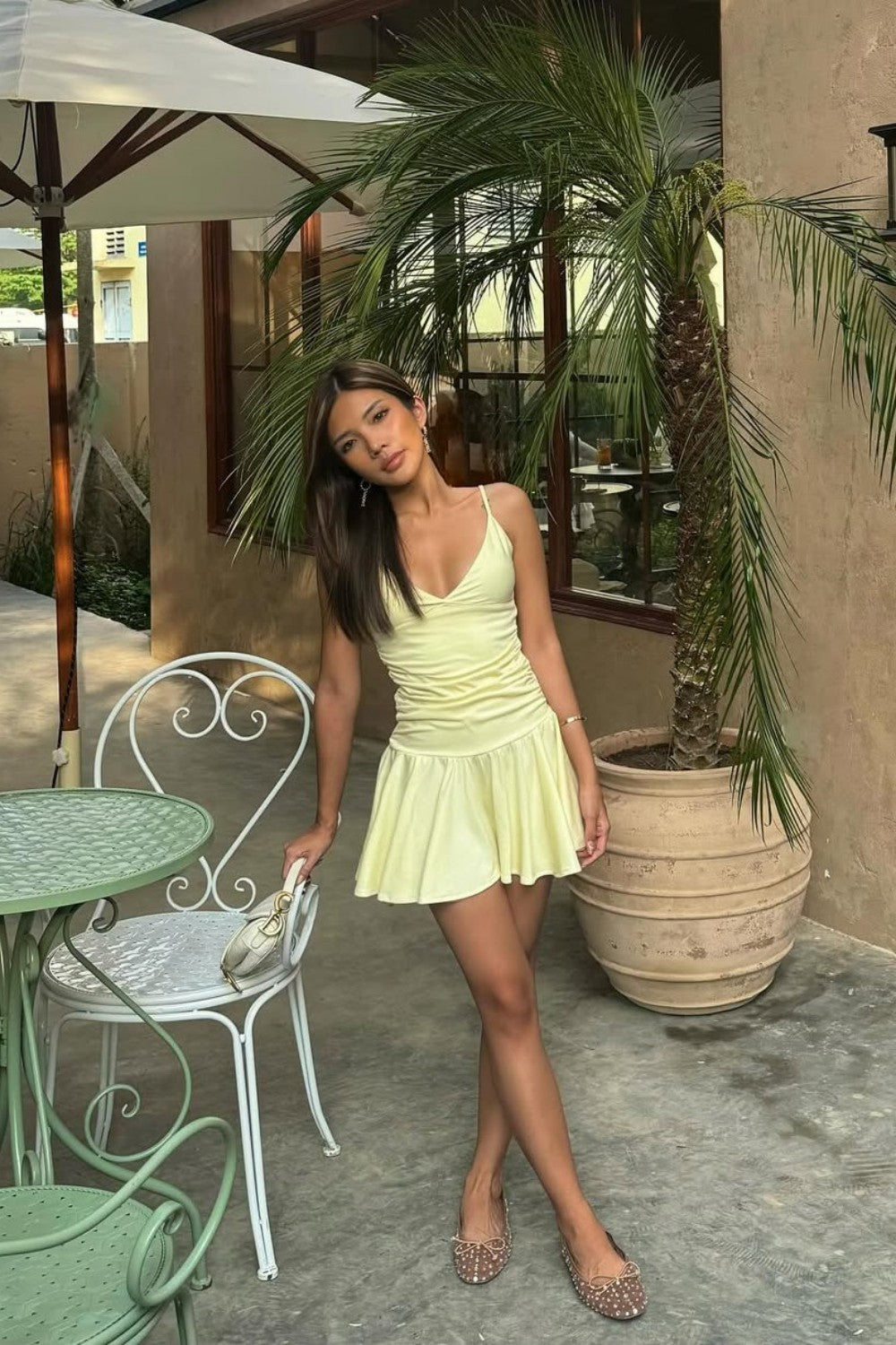 Butter Yellow Ruched Plunging Spaghetti Strap Homecoming Dress