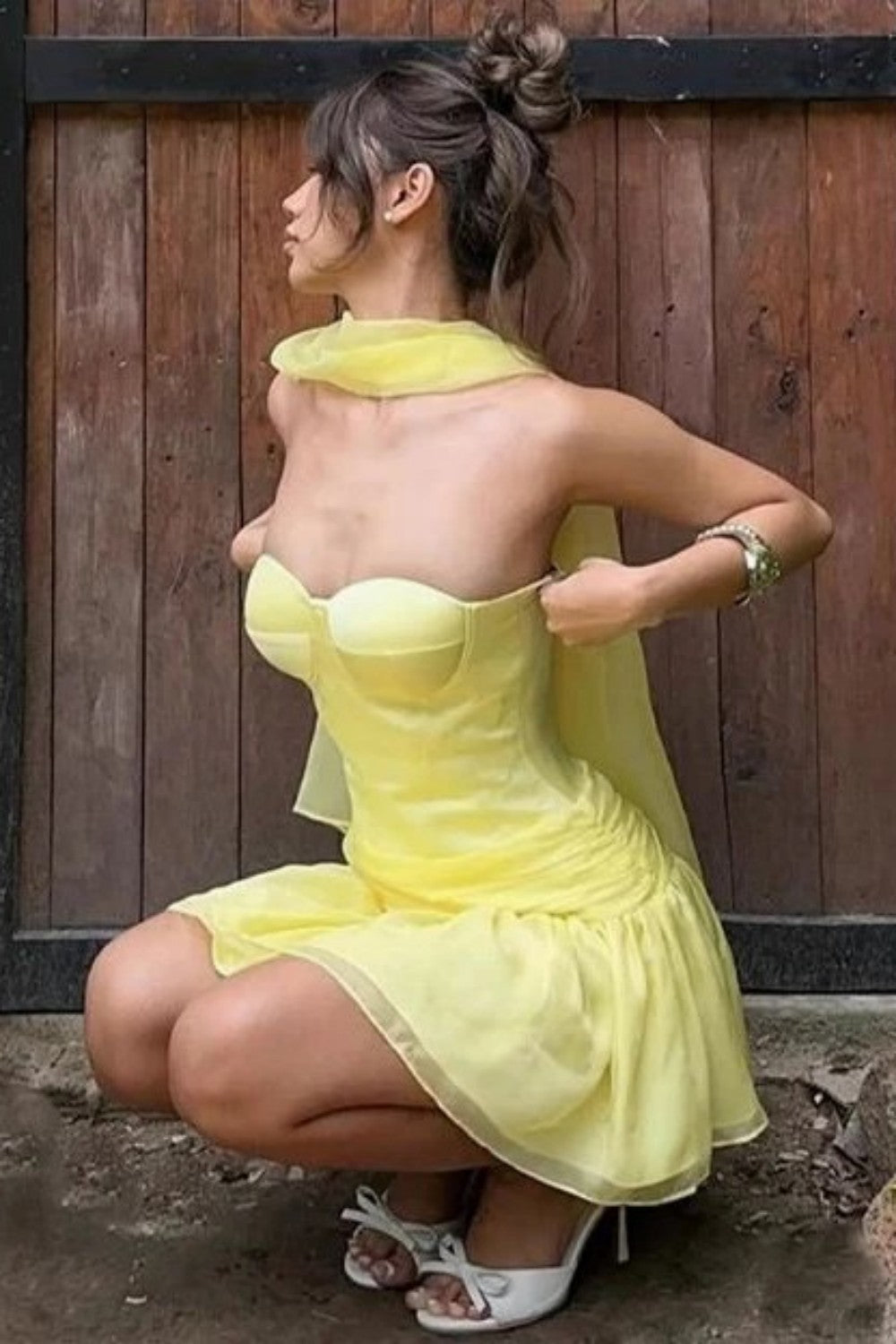Butter Yellow Strapless Organza Homecoming Dress with Scarf Structured Cups