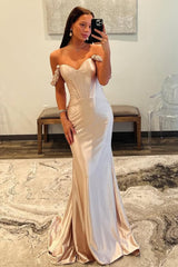 Champagne Fitted Satin Prom Dress with Floral Off-Shoulder Sleeves