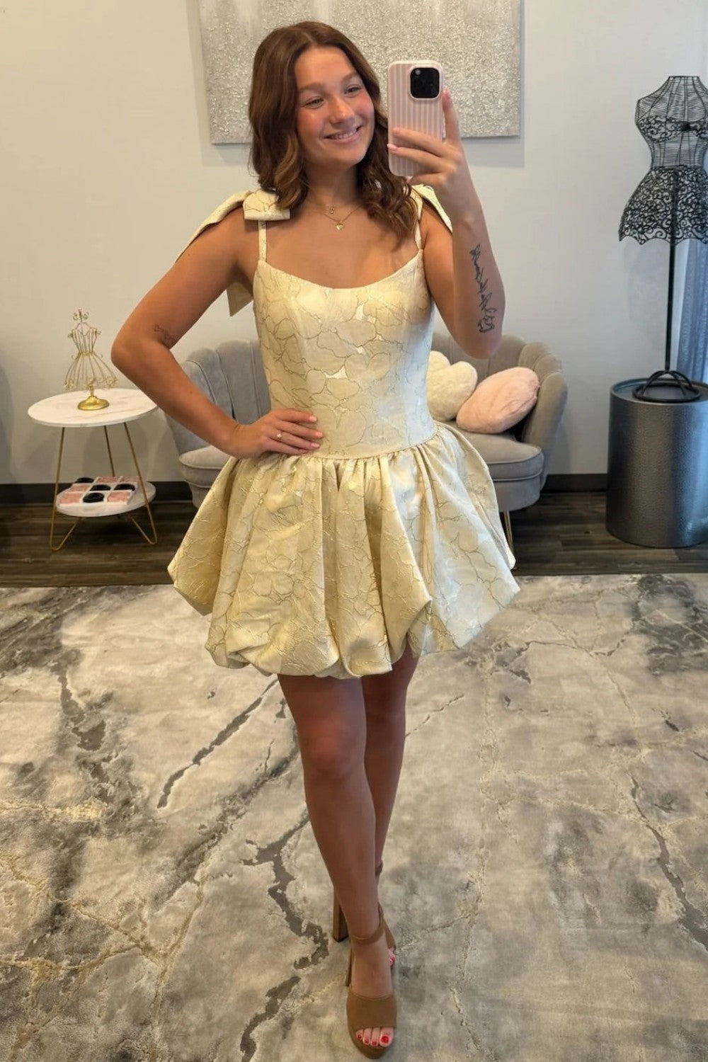Champagne Jacquard Bow Straps Bubble Hem Homecoming Dress