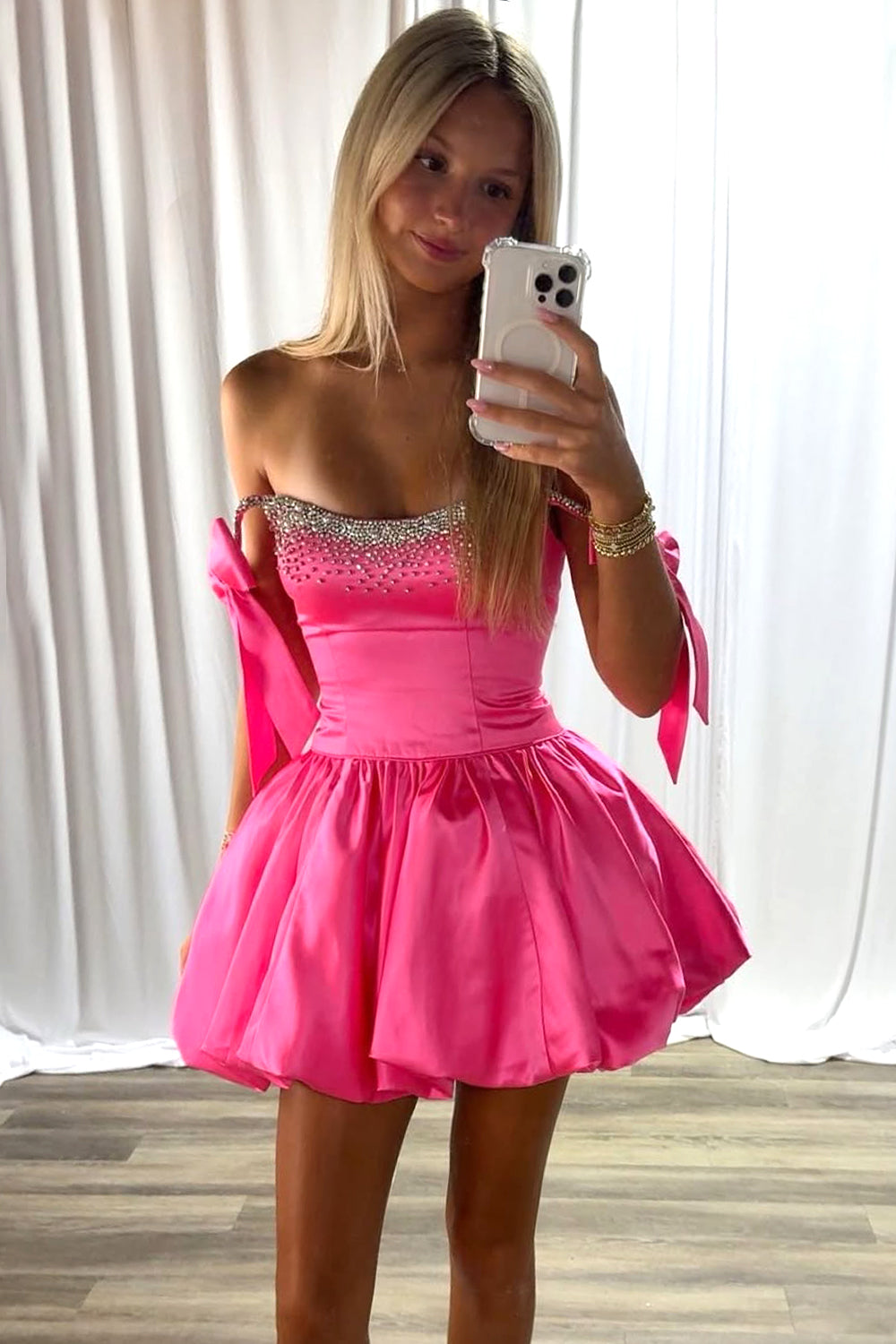 Charming A-Line Beaded Top Short Satin Homecoming Dress with Bowknots