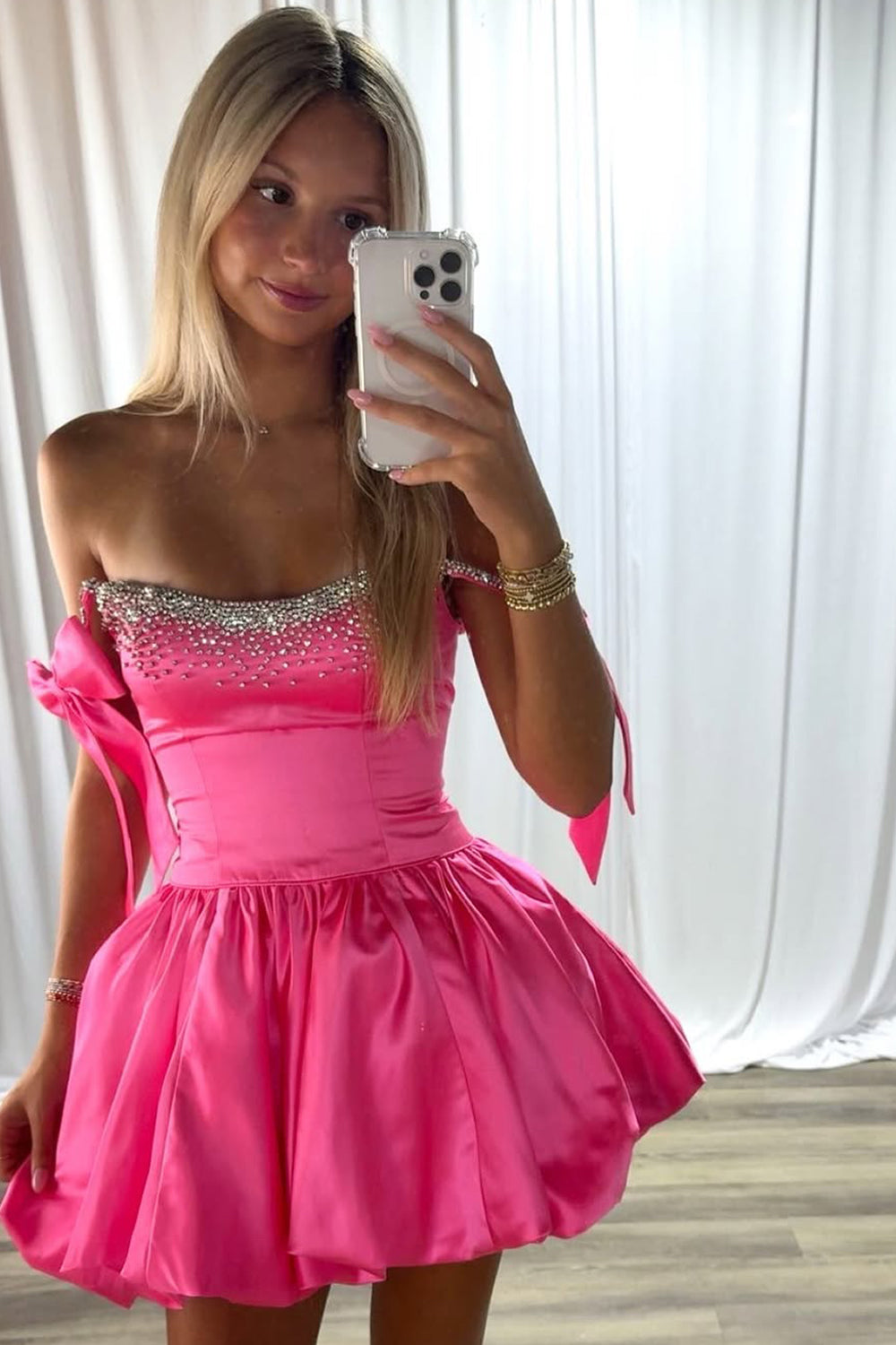 Charming A-Line Beaded Top Short Satin Homecoming Dress with Bowknots