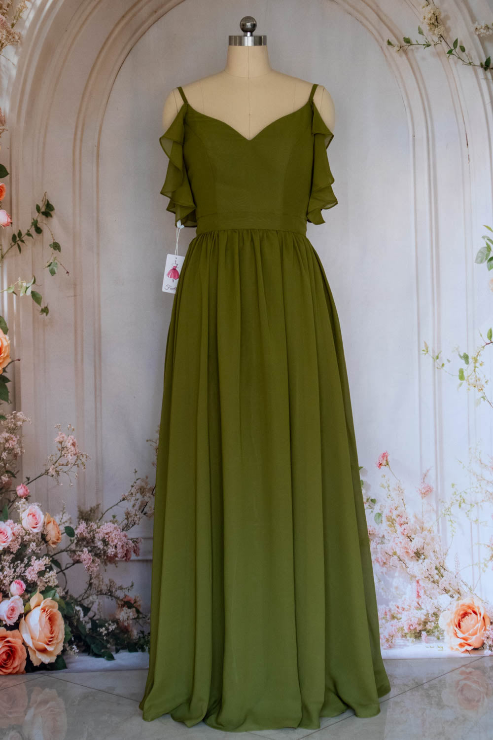 Charming A Line Spaghetti Straps Green Long Prom Dress with Ruffles