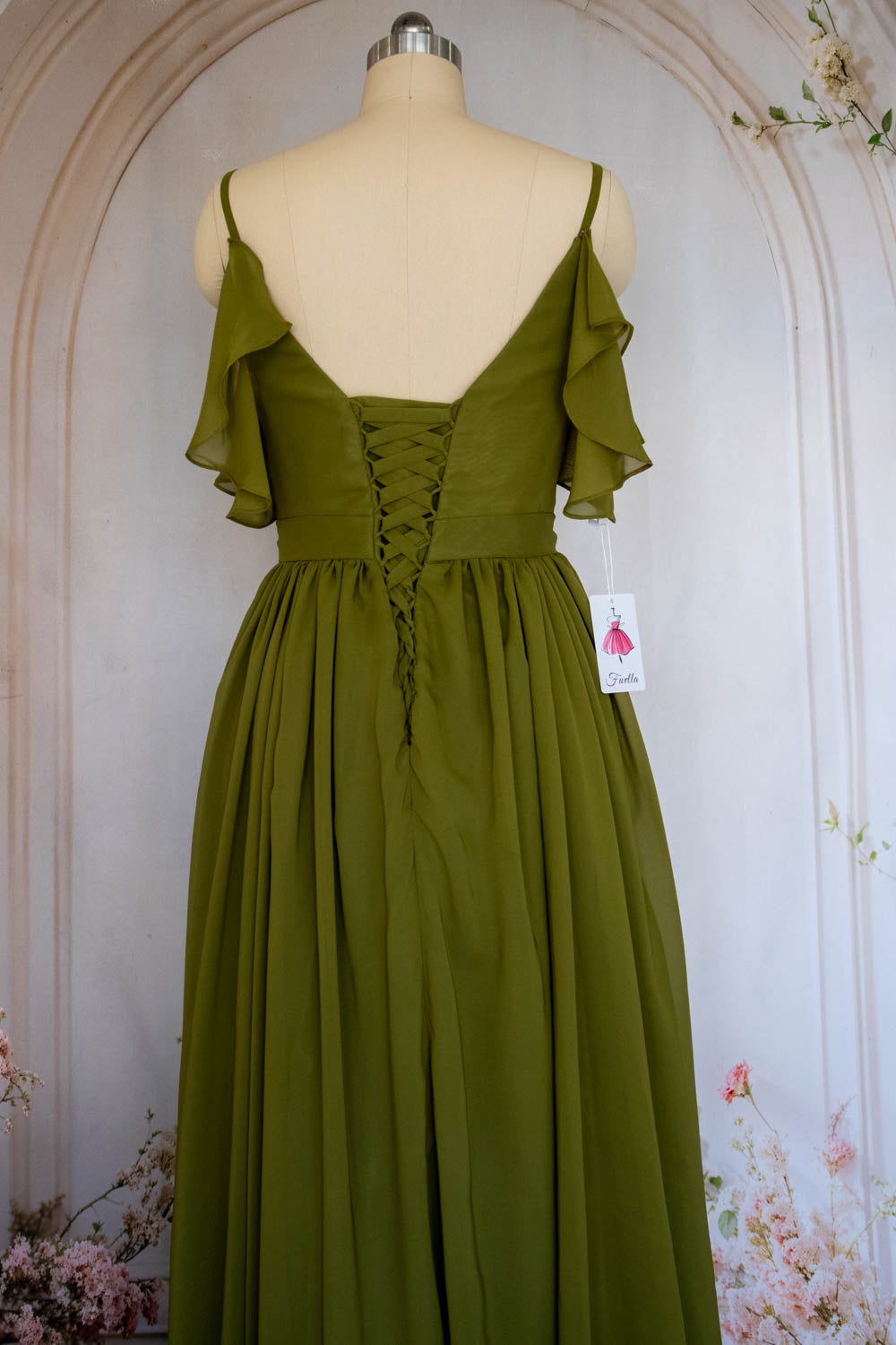 Charming A Line Spaghetti Straps Green Long Prom Dress with Ruffles