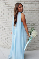 Charming A Line Strapless Blue Long Prom Dress with Scarf