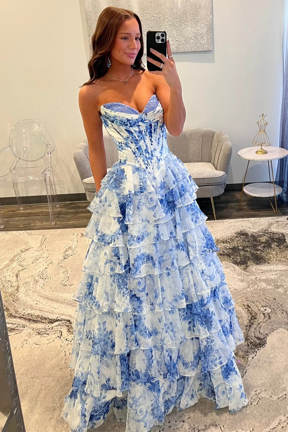 blue floral ruffle prom dress Sydney