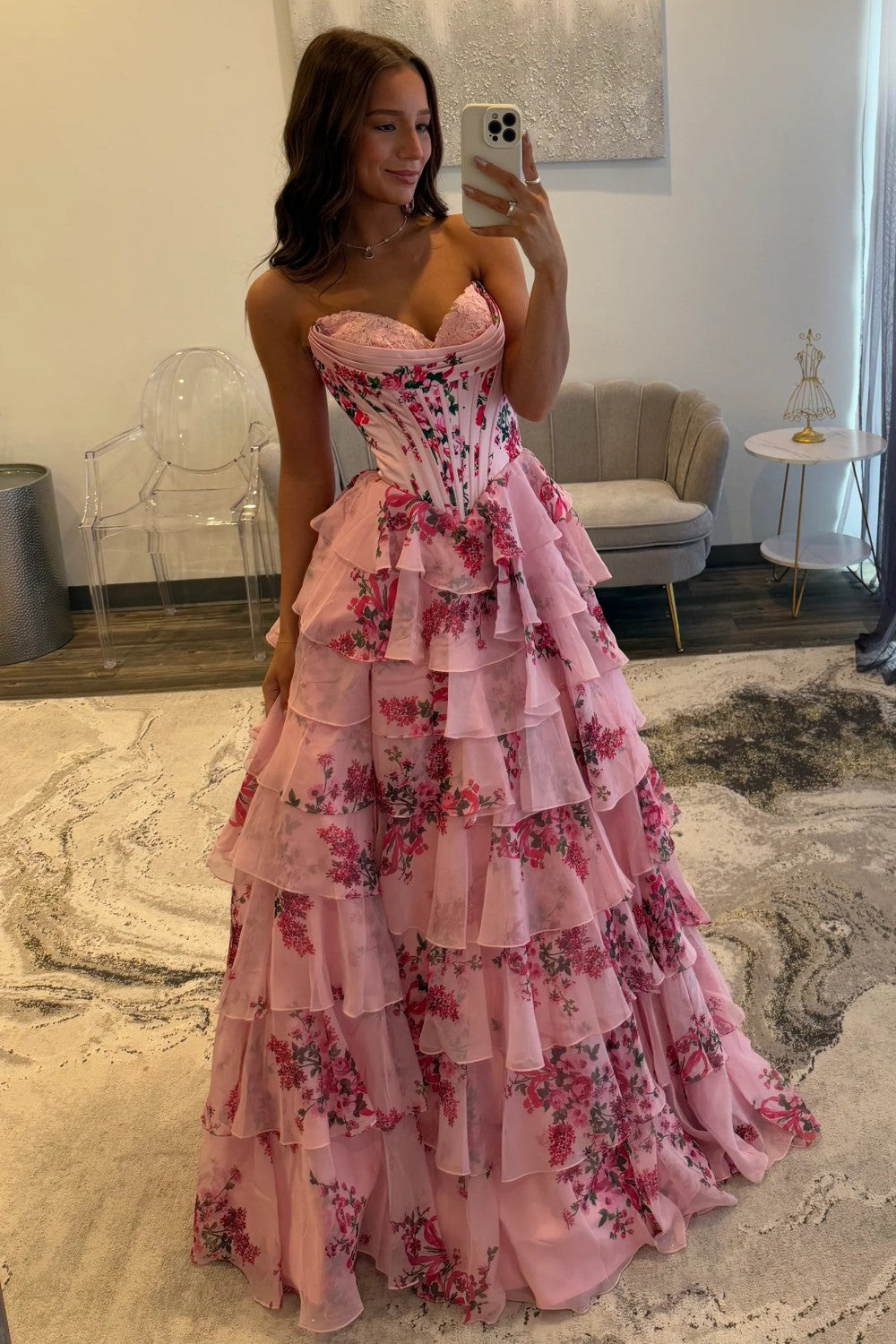 Fairytale Pink Floral Corset Sweetheart Prom Dress with Tiered Skirt And Slit