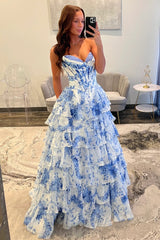 Charming Blue Floral Sweetheart Corset Prom Dress with Layered Ruffle Skirt