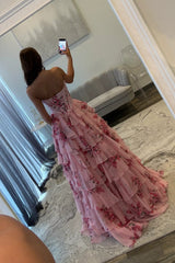 Fairytale Pink Floral Corset Sweetheart Prom Dress with Tiered Skirt And Slit