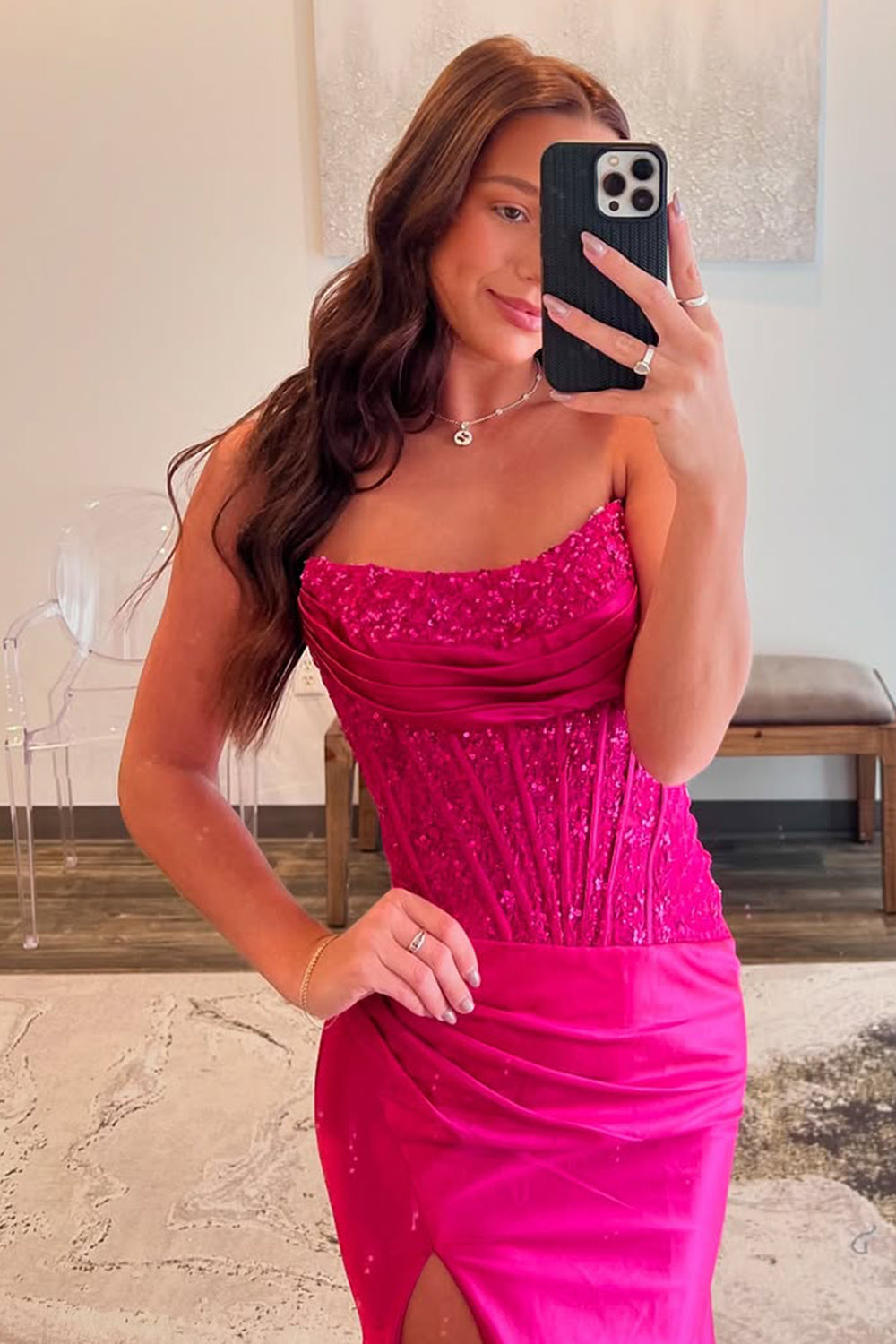 Charming Satin Mermaid Prom Dress in Fuchsia with Strapless Lace Top and Slit