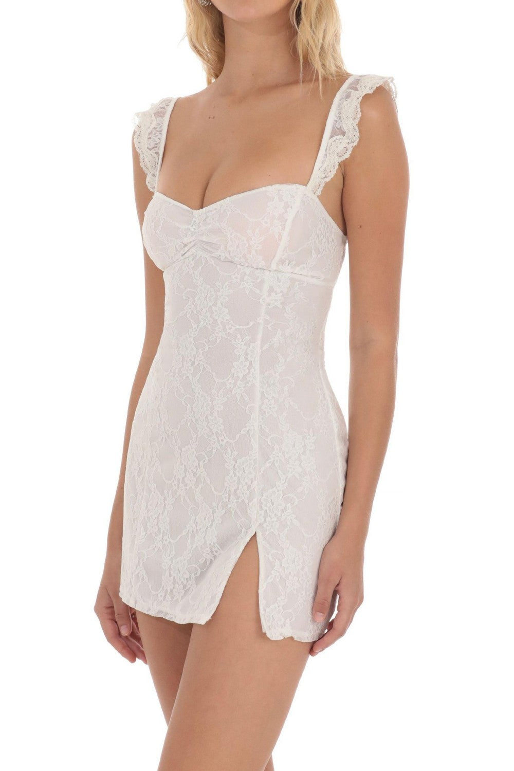 Charming Lace Bodycon Homecoming Dress with Spaghetti Straps and Side Slit