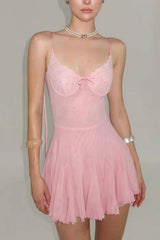 Charming Pink Homecoming Dress with Lace Bust Bow Front and Flowy Skirt