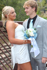 Charming Sheath Strapless White Printed Short Homecoming Dress with Bowknot