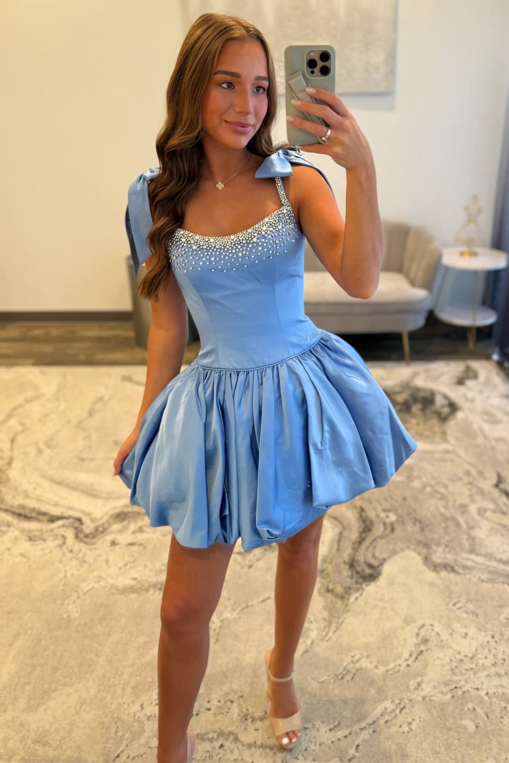 Charming A-Line Beaded Top Short Satin Homecoming Dress with Bowknots