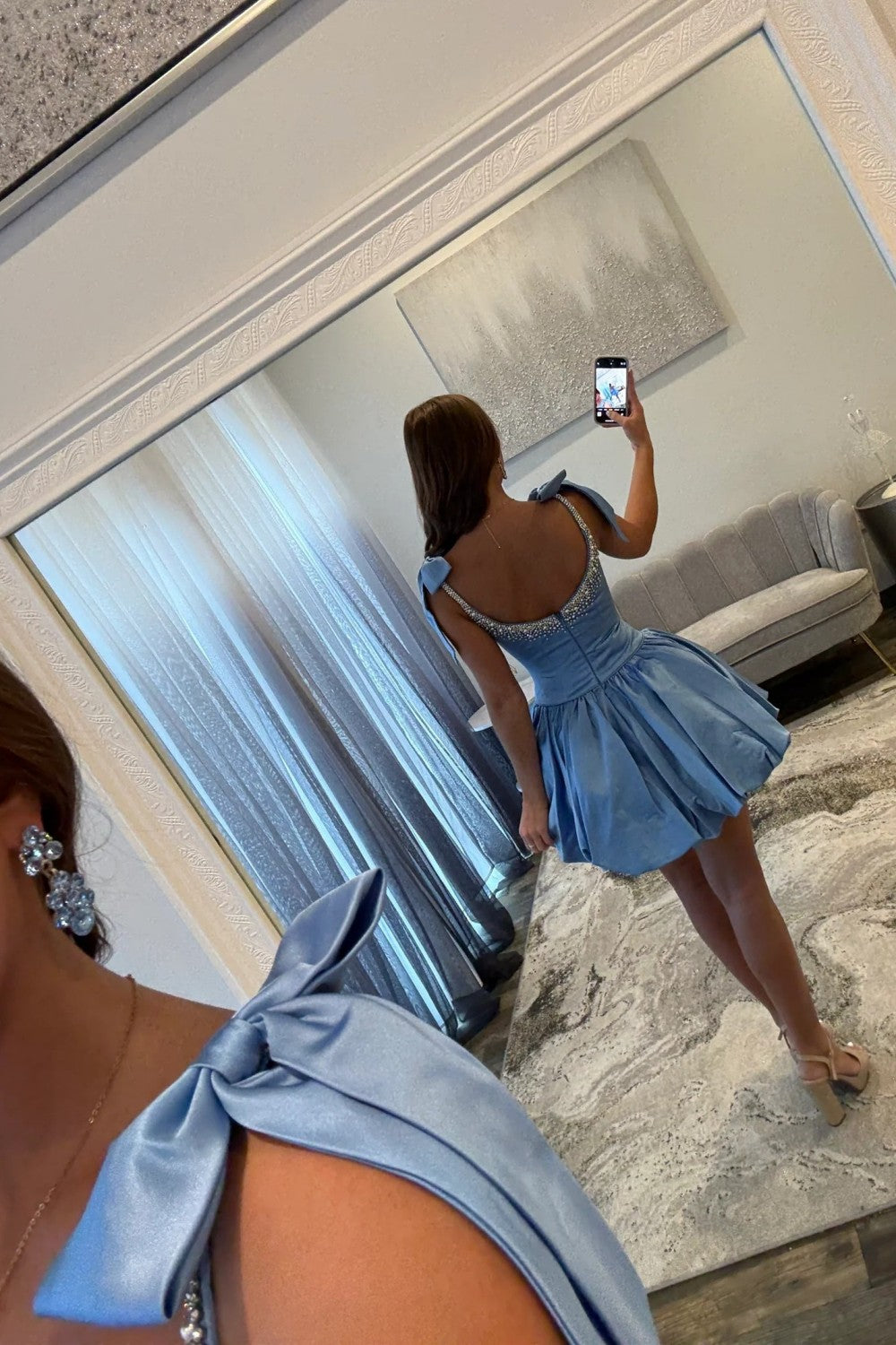 Charming A-Line Beaded Top Short Satin Homecoming Dress with Bowknots