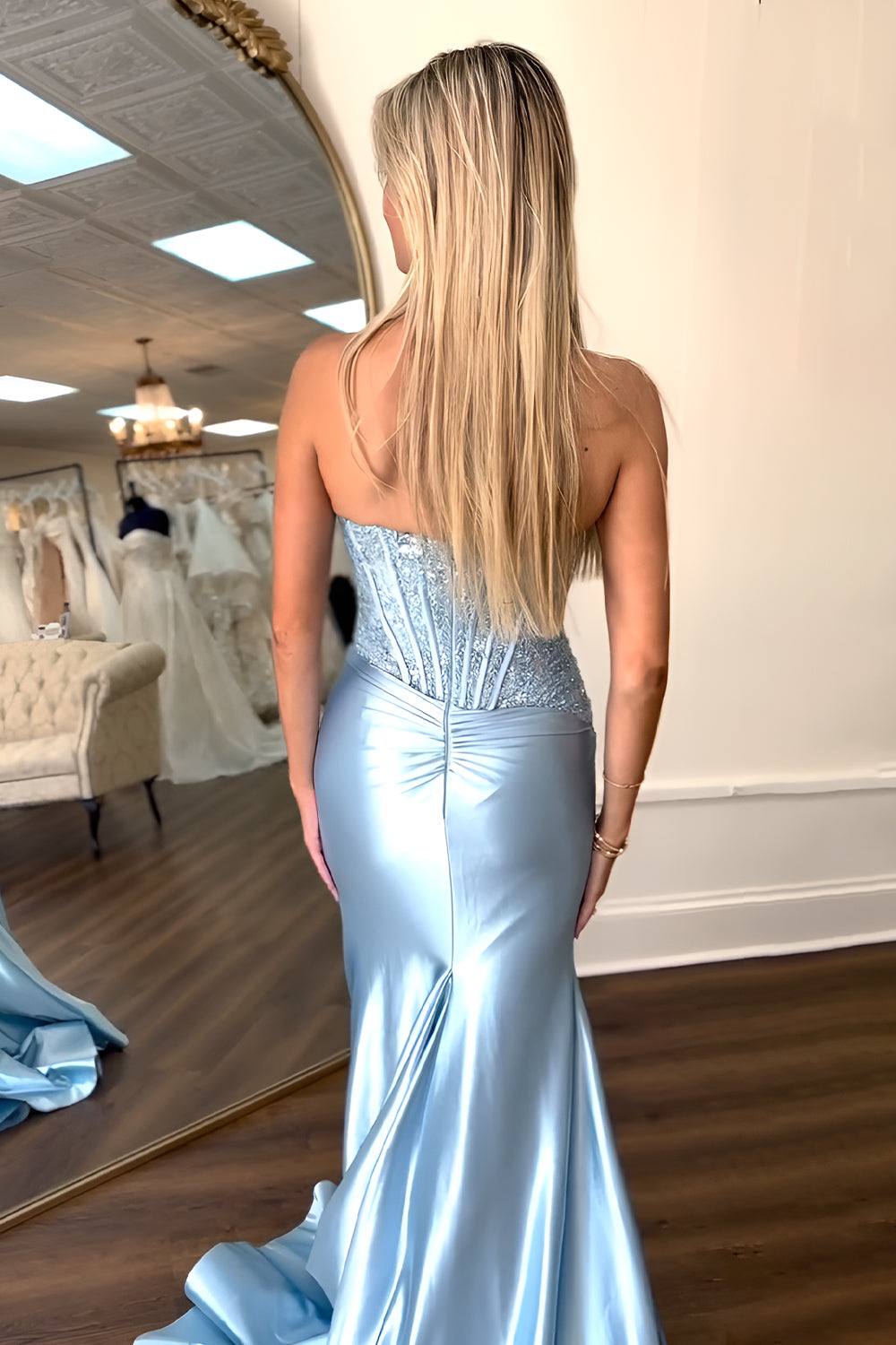 Charming Satin Mermaid Prom Dress in Fuchsia with Strapless Lace Top and Slit