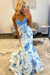 Charming Mermaid Sweetheart Blue Corset Prom Dress with Appliques