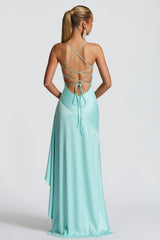 Chic Satin Spaghetti Straps Aqua Blue Long Prom Dress with Ruffles