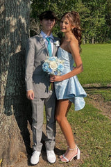 Chic A Line Strapless Light Blue Short Homecoming Dress with Ruched