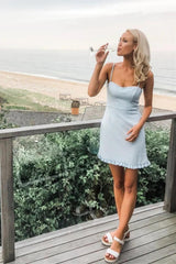 Chic Baby Blue Spaghetti Straps Mini Satin Homecoming Dress