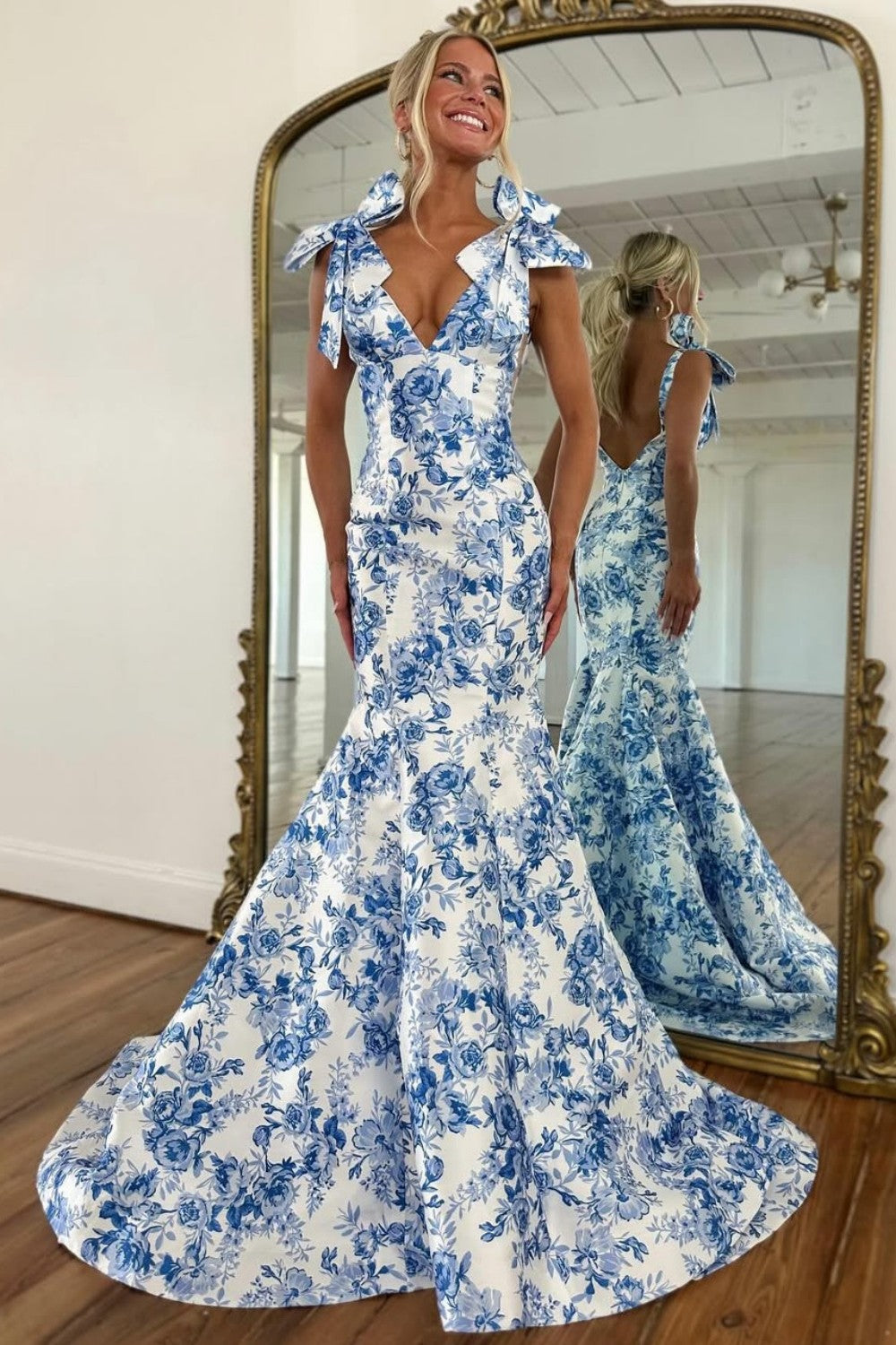 Chic Blue Floral Print Mermaid Prom Dress with Bow Shoulder Straps
