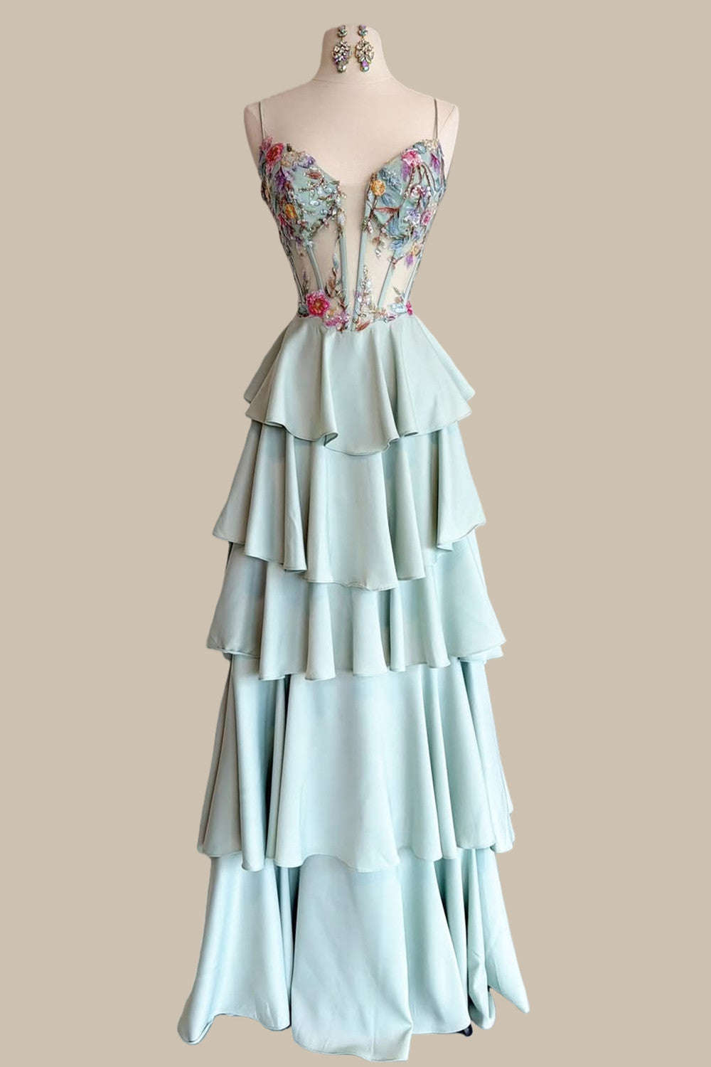 Chic Dusty Blue Spaghetti Strap Prom Dress with Floral Beaded Top and Tiered Hem