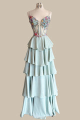 Chic Dusty Blue Spaghetti Strap Prom Dress with Floral Beaded Top and Tiered Hem