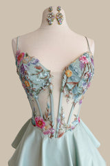 Chic Dusty Blue Spaghetti Strap Prom Dress with Floral Beaded Top and Tiered Hem