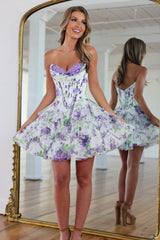 Chic Floral Homecoming Dress with Lace Detail Bodice and Ruffled Skirt