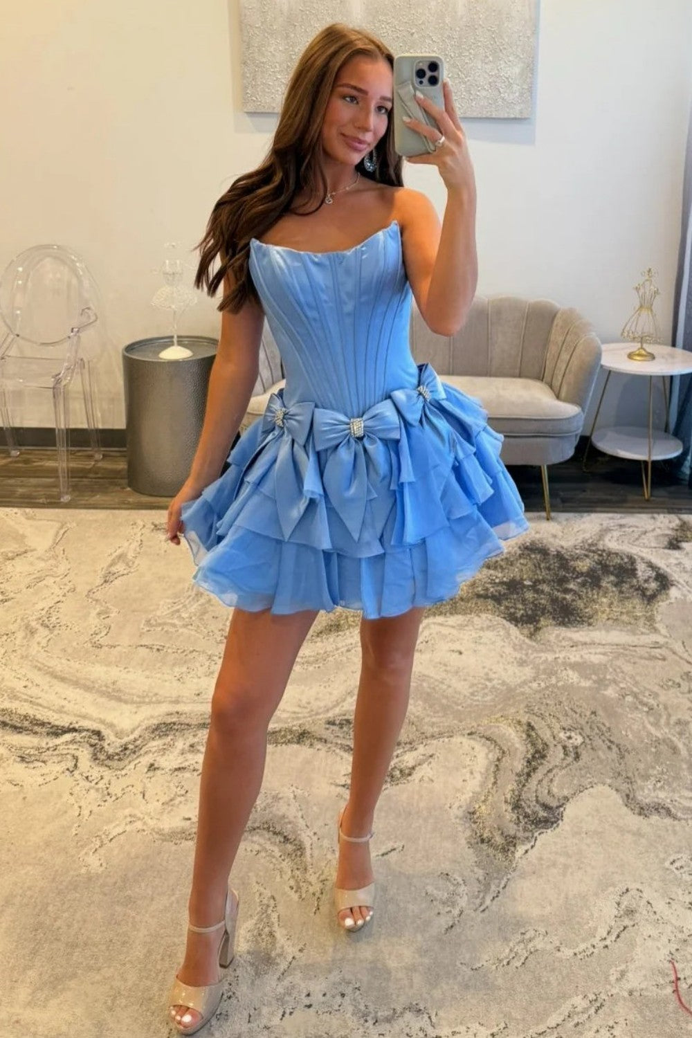 Chic Light Blue Corset Bodice Ruffled Tulle Homecoming Dress with Bows