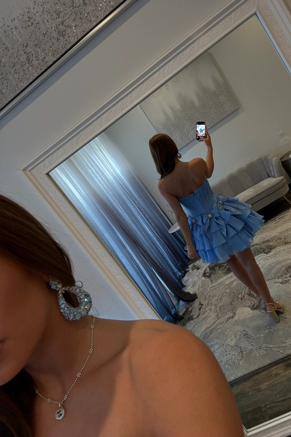 Chic Light Blue Corset Bodice Ruffled Tulle Homecoming Dress with Bows
