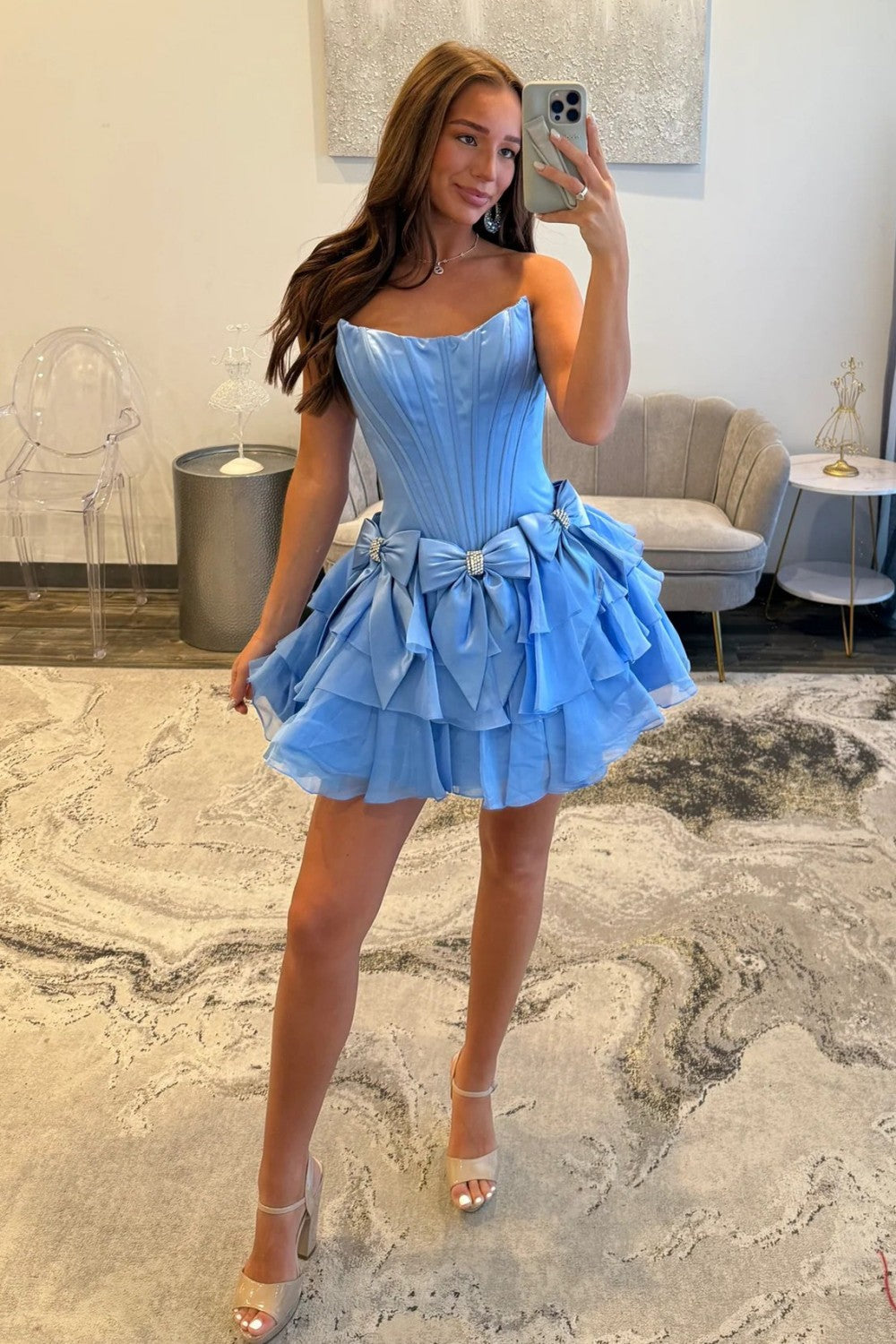 Chic Light Blue Corset Bodice Ruffled Tulle Homecoming Dress with Bows