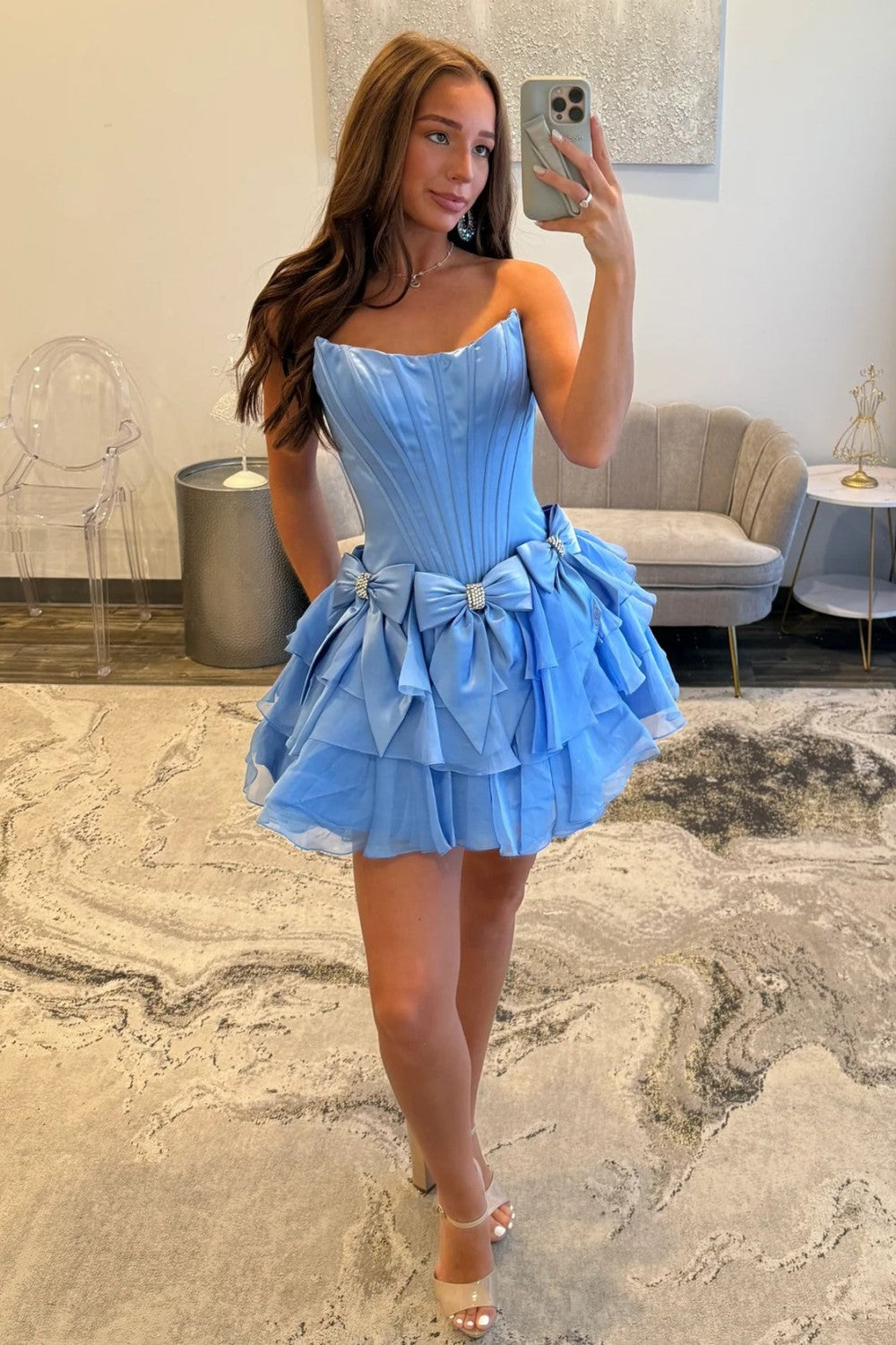 Chic Light Blue Corset Bodice Ruffled Tulle Homecoming Dress with Bows