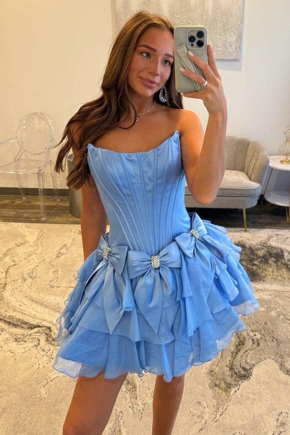 Chic Light Blue Corset Bodice Ruffled Tulle Homecoming Dress with Bows