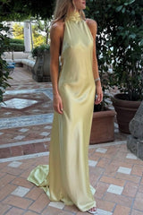 Chic Mermaid Halter Neck Yellow Long Party Dress with Sweep Train